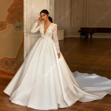 Fascinating Satin Women Wedding Dresses Sexy V-Neck A-Line Bride Gowns Princess Engagement Banquet Vestidos De Novias Customized