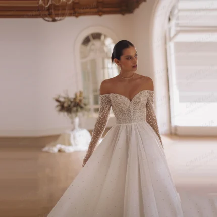 Luxury Women's Wedding Dresses A Line Sexy Glisten Elegant Off Shoulder Sequined Long Sleeve Bridal Gowns Vestidos Customized